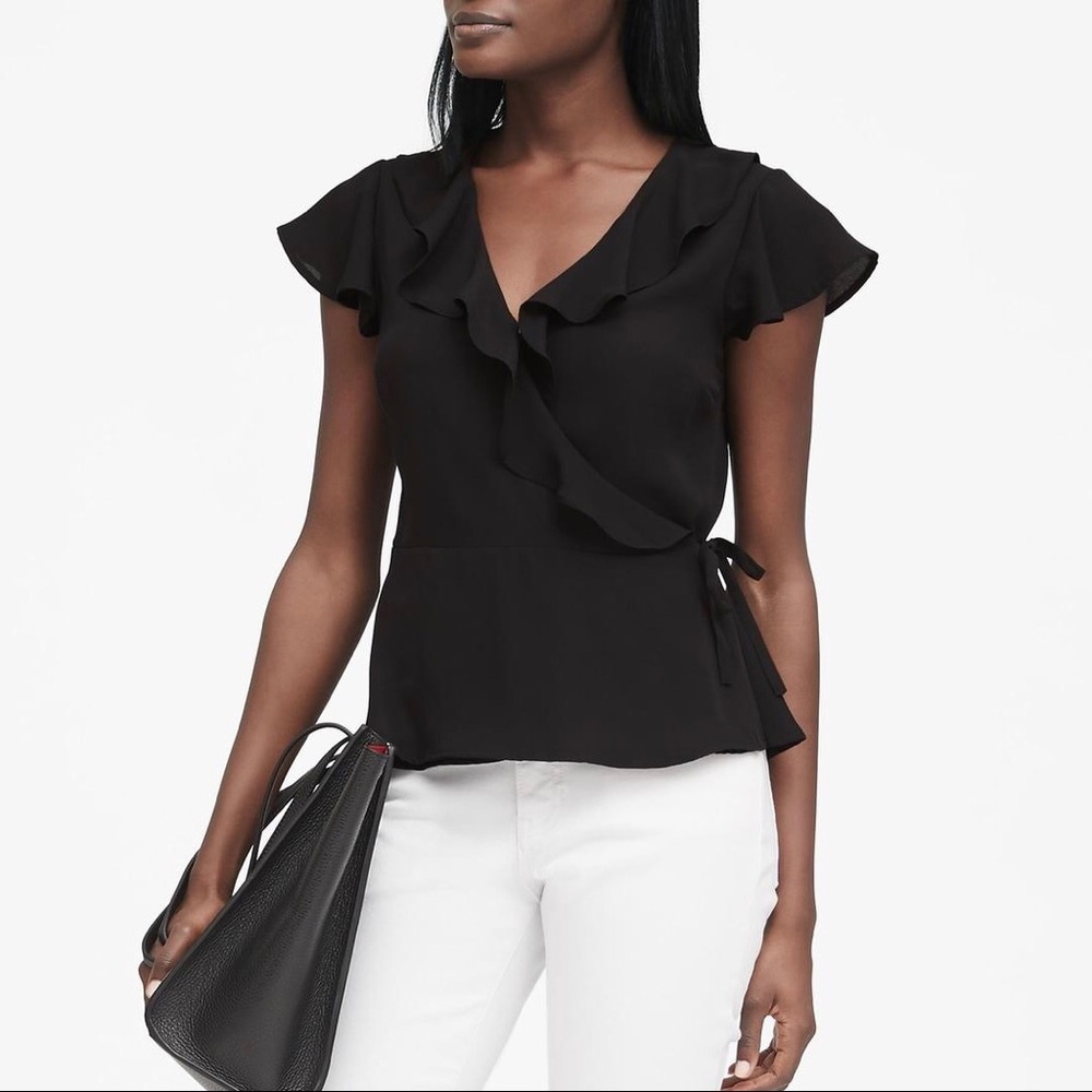 Banana Republic Solid Ruffle vneck Wrap Top Black